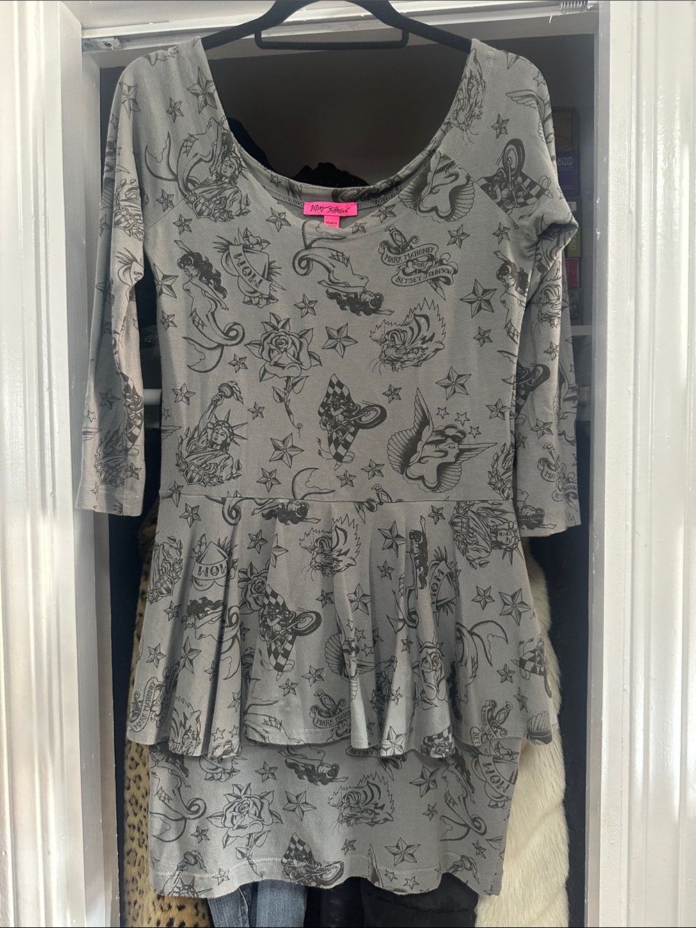 Vintage Betsey Johnson Gray Tattoo-Print Peplum Tunic Dress Large